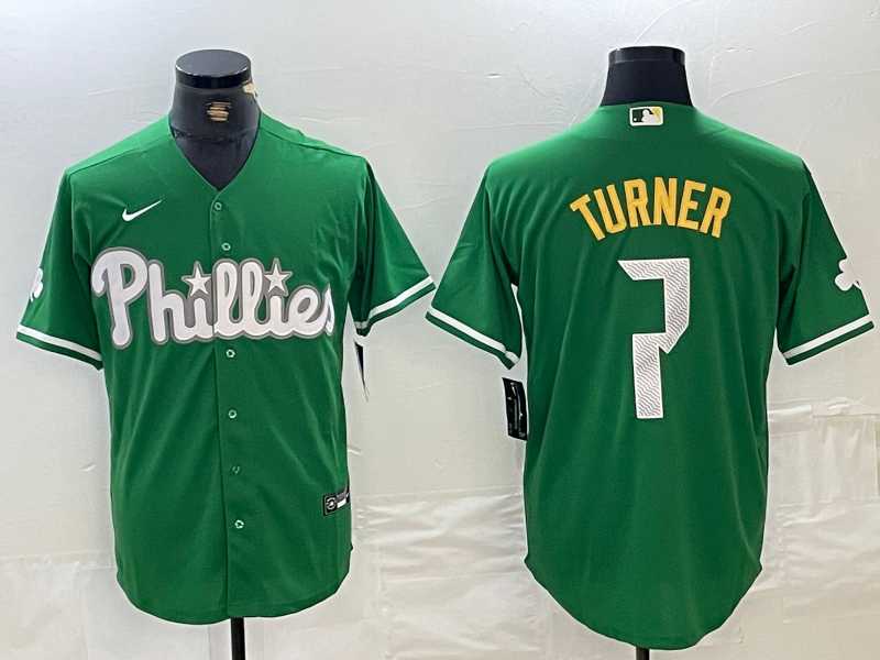 Mens Philadelphia Phillies #7 Trea Turner Kelly Green Cool Base Jersey->philadelphia phillies->MLB Jersey